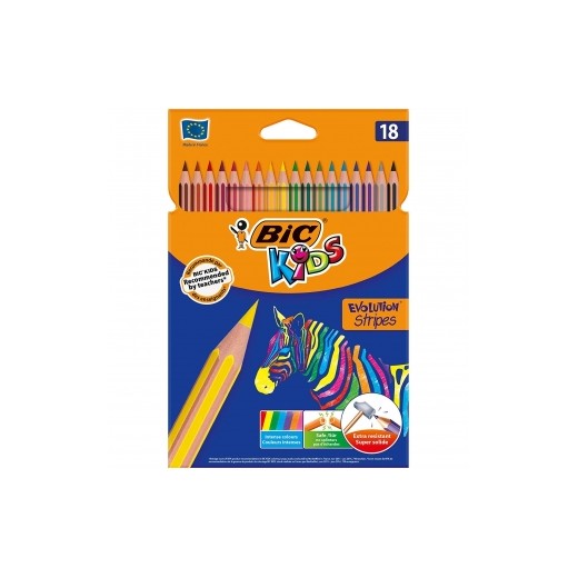 Bic Kids Evolution Stripes Caja de 18 Lapices de Colores surtidos - Fabricados en Resina - Punta Ultraresistente - Mina Pigment
