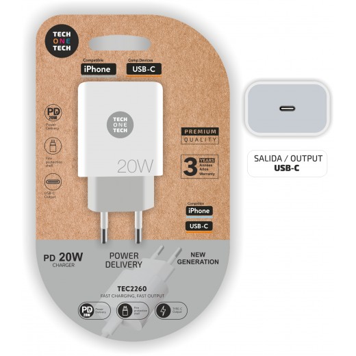TechOneTech Cargador de Pared USB-C PD 3.0 5V-15V 20W - Ultrarapido