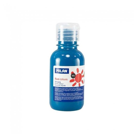 Milan Botella de Tempera 125ml - Tapon Dosificador - Secado Rapido - Mezclable - Color Azul Fluo