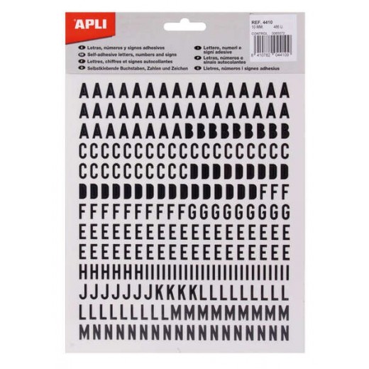 Apli Letras de Palo Mayusculas Adhesivas - Altura 10mm - Color Negro - Pack de 2 Hojas con 486 Letras