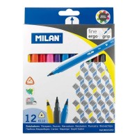 Milan Pack de 12 Rotuladores Triangulares - Punta Fina Conica 2mm - Tinta al Agua - Lavable - Colores Surtidos