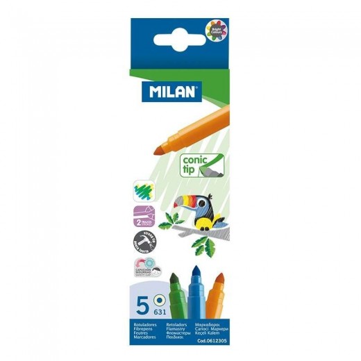 Milan Pack de 5 Rotuladores - Punta Conica 5mm - Tinta al Agua - Lavable - Colores Surtidos