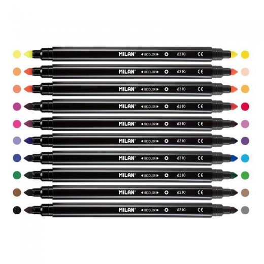 Milan Pack de 10 Rotuladores Bicolor Doble Punta - Punta Conica 5mm - Tinta al Agua - Lavable - Colores Surtidos