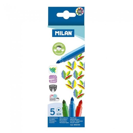 Milan Pack de 5 Rotuladores Super Lavables - Punta Conica 5mm - Tinta al Agua - Colores Surtidos