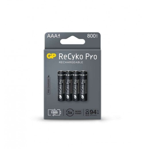 GP ReCyko Pro Pack de 4 Pilas Recargables 800mAh AAA 1.2V - Precargadas - Ciclo de Vida: Hasta 1.500 Veces