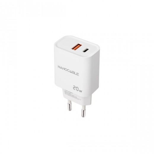 Nanocable Cargador de Pared USB-C/PD + USB-A/QC 20W - Color Blanco