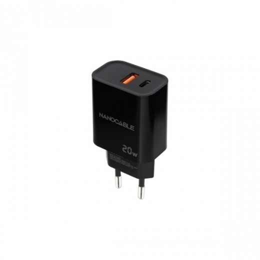 Nanocable Cargador de Pared USB-C/PD + USB-A/QC 20W - Color Negro