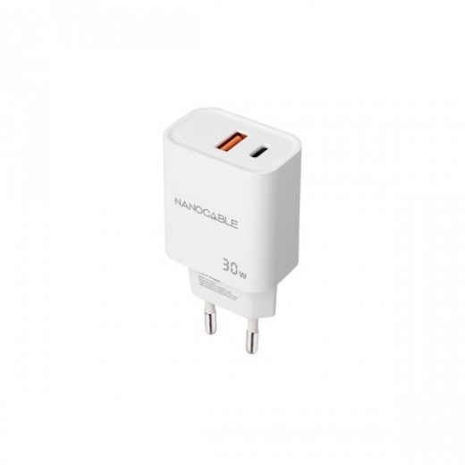 Nanocable Cargador de Pared USB-C/PD + USB-A/QC 30W - Color Blanco