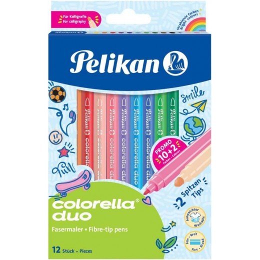 Pelikan Caja de 12 Rotuladores Escolares Colorella Duo C407 10+2 Colores - Doble Punta Fina 1mm y Gruesa 2mm - Lavables