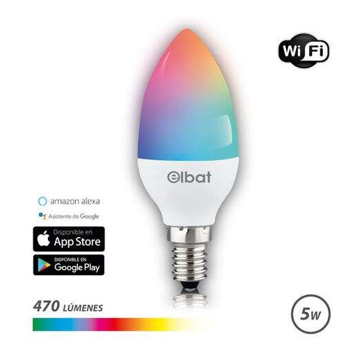 Elbat Bombilla LED Vela Smart Wi-Fi C37 E14 5W 470lm RGB - Temperatura 2700K a los 6000K - Control de Voz - Control Remoto - 3 Modos de Color: Frio