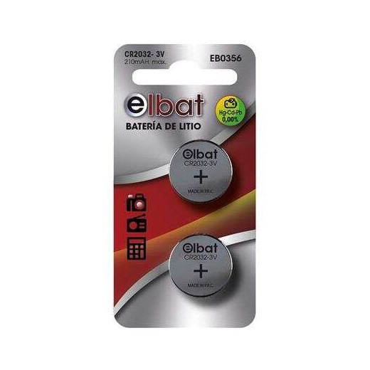 Elbat Pack de 2 Pilas Litio de Boton CR2032 3V