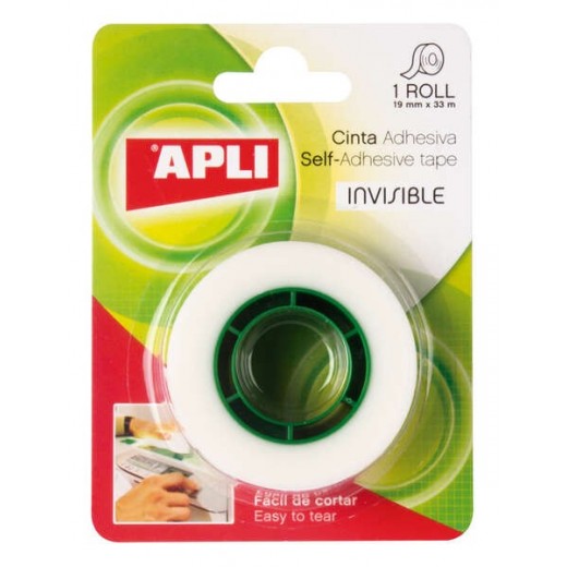 Apli Cinta Adhesiva Invisible 19mm x 33m - Facil de Cortar - Resistente - Ideal para Uso en Oficina - Transparente