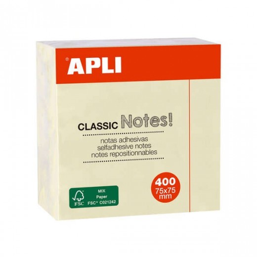 Apli Notas Adhesivas Classic 75x75mm - Cubo de 400 Hojas - Adhesivo de Calidad - Facil de Despegar - Amarillo