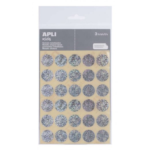 Apli Pack de 90 Gomets Redondos Ø 20mm - Adhesivo Permanente - Ideal para Escuelas Infantiles y Colegios - Color Plata