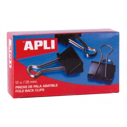 Apli Pinzas Abatibles 10x25mm - Acero Templado Negro - Asas Niquel - 12 Unidades - Sujecion Hasta 70 Hojas