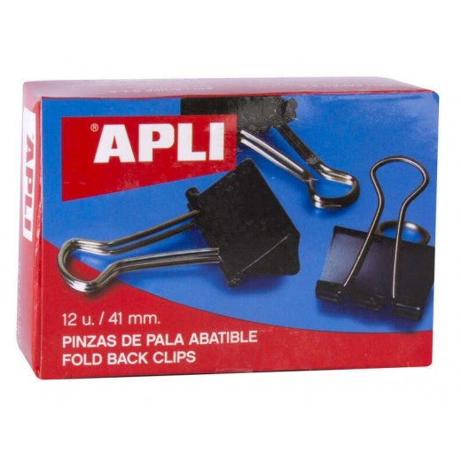 Apli Caja de 12 Pinzas Abatibles 20x41mm - Sujecion hasta 170 Hojas - Clips de Acero Templado en Negro - Asas en Niquel