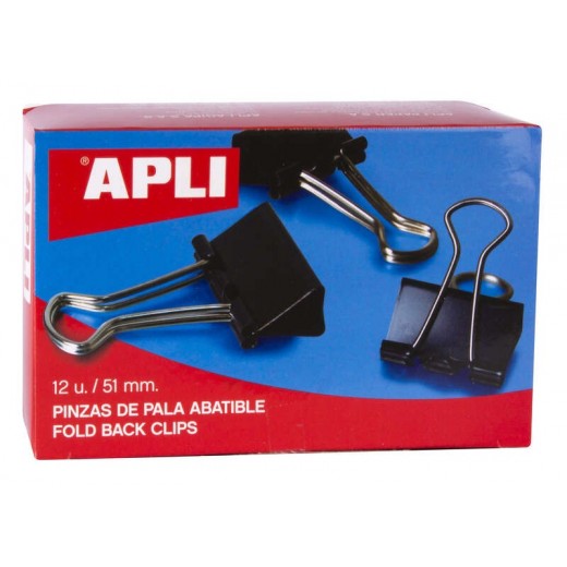 Apli Pinzas Abatibles 30x51mm - Acero Templado Negro - Asas Niquel - 12 Unidades - Sujecion Hasta 220 Hojas