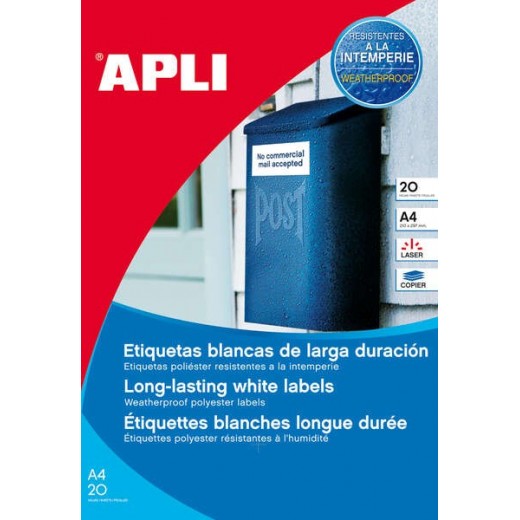 Apli Pack de 960 Etiquetas Blancas Resistentes Intemperie - Tamaño 45.7x21.2mm - 20 Hojas x 48 Etiquetas