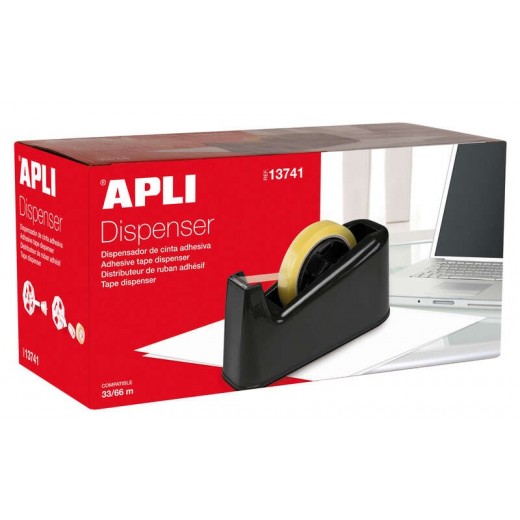 Apli Trade Portarrollos para Cinta Adhesiva de 33 y 66 Metros - Cuchilla Dentada - Base de Goma Antideslizante - Color Negro