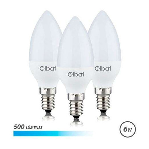 Elbat Bombillas LED C37 Pack de 3 - 6W - 500LM - Base E14 - Luz Fria - Ahorro Energetico - Blanco Frio
