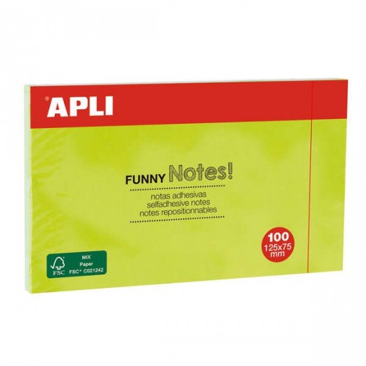 Apli Notas Adhesivas Funny 125x75mm - Bloc de 100 Hojas - Adhesivo de Calidad - Facil de Despegar - Color Verde Fluorescente