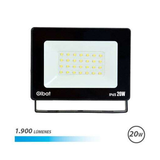 Elbat Foco LED de 20W - Potencia: 20W - Lumenes: 1900 - 6.500K Luz Fria - 30.000 - 50.000 Horas de Vida - Angulo 120º - Proteccion: IP65 para Usar en Exterior - Color Negro