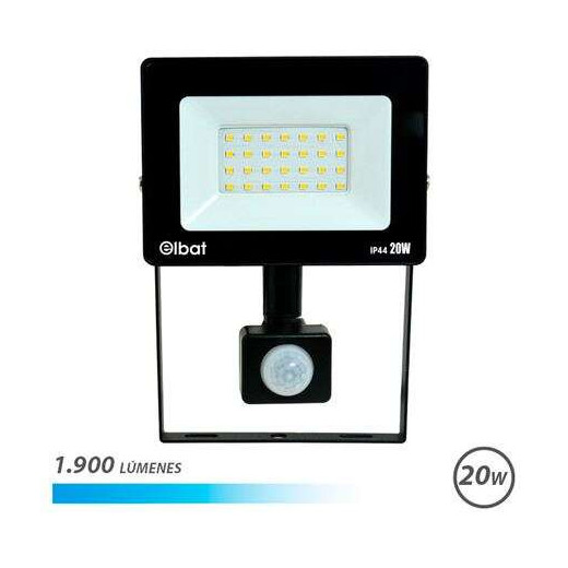 Elbat Foco LED con Sensor de Movimiento - Potencia: 20W - Lumenes: 1900 - Luz Fria 6.500K - Vida Util: 30.000 - 50.000 Horas - Angulo 120º - Proteccion IP44 - Distancia de Deteccion: 5 a 12 Metros