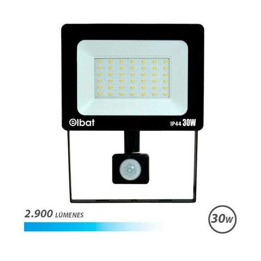 Elbat Foco LED con Sensor de Movimiento - Potencia: 30W - Lumenes: 2900 - Luz Fria 6.500K - Vida Util: 30.000 - 50.000 Horas - Angulo 120º - Proteccion IP44 - Distancia de Deteccion: 5 a 12 Metros