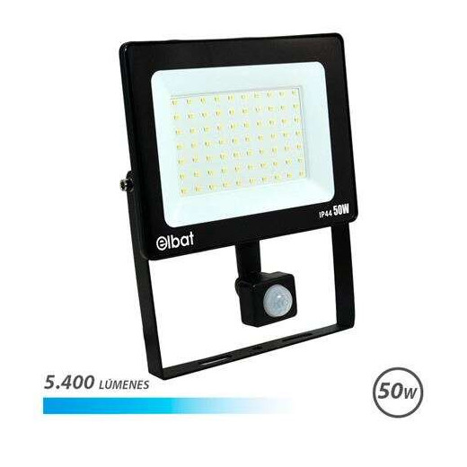 Elbat Foco LED de 50W - Potencia: 50W - Lumenes: 5400 - Sensor de Movimiento - 6.500K Luz Fria - 30.000 - 50.000 Horas de Vida - Angulo 120º - Proteccion: IP44 - Distancia Deteccion de Movimiento: 5 a 12 Metros