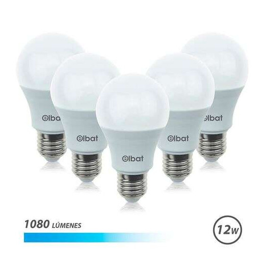 Elbat Pack 5 Unidades - Potencia 12W - Lumenes 1080 - Tipo de Luz 6500K Luz Fria - Casquillo E27 - Angulo 220º - Dimensiones 60X120mm - 30.000 Horas de Vida - 15.000 Encendidos