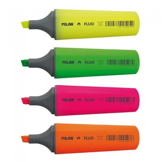 Milan Fluo Pack de 4 Marcadores Fluorescentes - Punta Biselada 1 - 4.8mm - Colores Amarillo