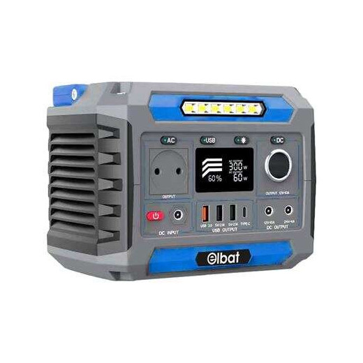 Elbat Generador de Energia Portatil - 300W - Bateria de Litio 78.000Mah - Display LED - Carga Solar - Accesorios Incluidos - Puertos de Salida USB y DC - Color Gris
