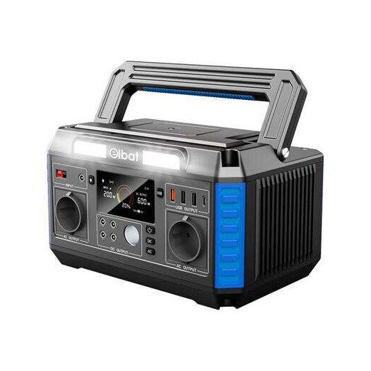 Elbat Generador de Energia Portatil - 600W - Bateria de Litio - Display LED - Carga Solar - Accesorios Incluidos - Puertos de Salida USB y DC - Color Negro
