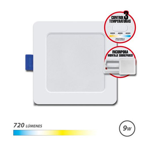 Elbat Downlight Cuadrado 9W - 720Lm - Selector 3 Temperaturas + Sobrepared - Color Blanco