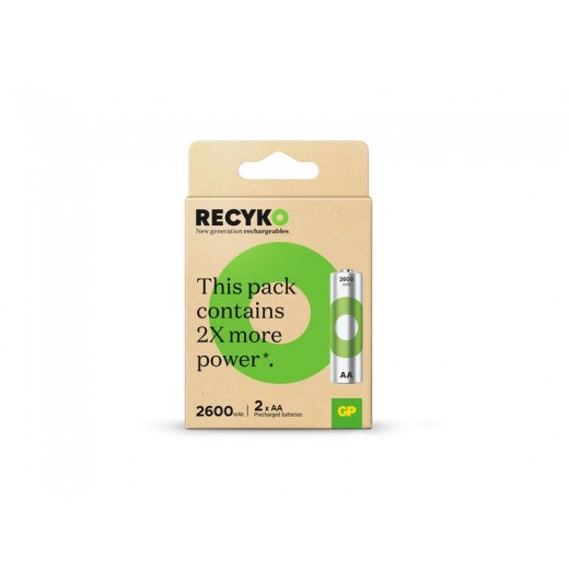 GP ReCyko Pack de 2 Pilas Recargables 2600mAh AA 1.2V - Precargadas - Ciclo de Vida: Hasta 1.000 Veces