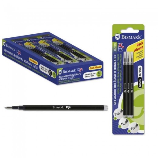 Bismark Fix Pack de 3 Recambios para Boligrafo Borrable - Punta Fina 0.7mm - Color Negro