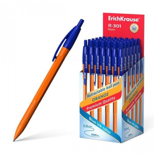 Erichkrause R-301 Naranja Matic Boligrafo Retractil Punta 0.7mm - Cuerpo Hexagonal Opaco - Tinta de Secado Rapido - Color Azul