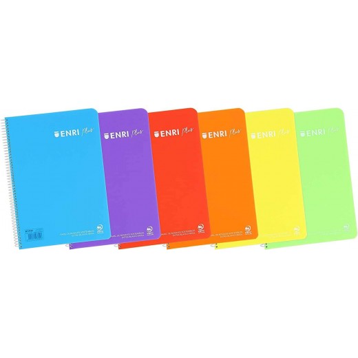 Enri Plus Cuaderno Espiral Formato Folio 1 Linea - 80 Hojas 90gr con Margen - Cubierta de Plastico - Colores Surtidos