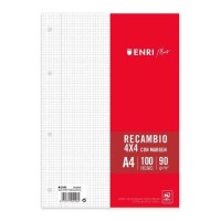 Enri Plus Recambio Formato A4 - Cuadriculado 4x4mm 4 Taladros - 100 Hojas 90gr con Margen