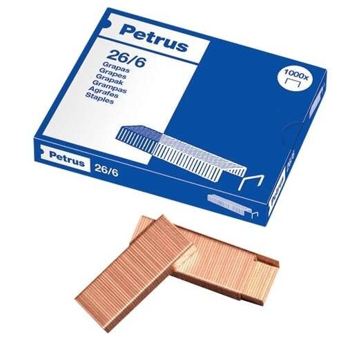 Petrus Caja de 1000 Grapas 26/6 Cobreadas - Hasta 30 Hojas - Patilla de 6mm