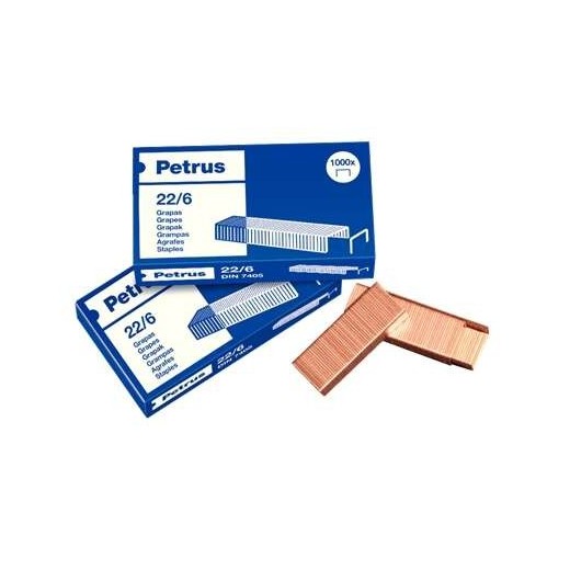 Petrus Pack de 4 Cajas de 1000 Grapas 22/6 Cobreadas - Hasta 30 Hojas - Patilla de 6mm