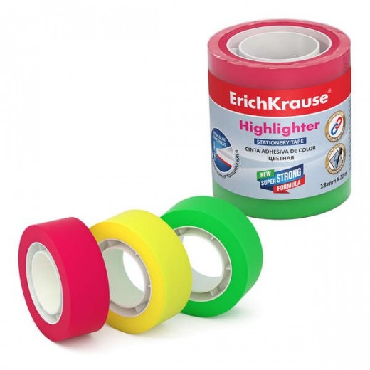 Erichkrause Pack de 3 Cintas Adhesivas Hightlighter - 18mmx20m