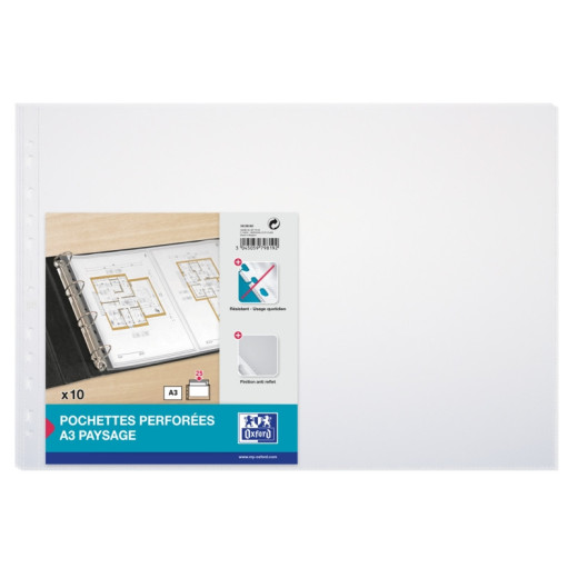 Oxford Pack de 10 Fundas Multitaladro A3 Apaisado 90 Micras - 11 Taladros - Polipropileno Estandar - Acabado Piel Naranja - Transparente