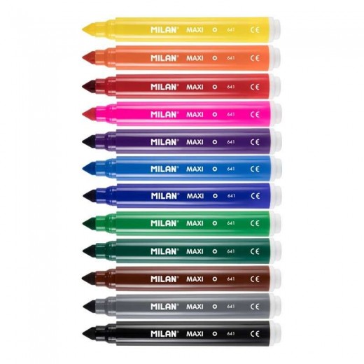 Milan Pack de 12 Rotuladores Maxi - Punta Conica 7.5mm - Tinta al Agua - Lavable - Colores Surtidos