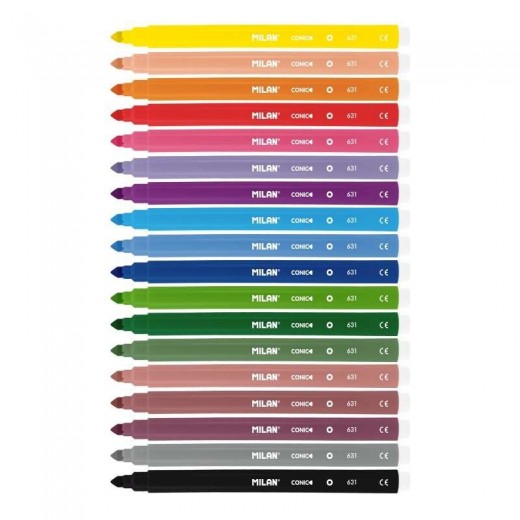 Milan Pack de 18 Rotuladores - Punta Conica 5mm - Tinta al Agua - Lavable - Colores Surtidos