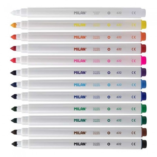 Milan Pack de 11 Rotuladores Borrables + 1 Rotulador Borrador - Punta Conica 5mm - Tinta al Agua - Lavable - Colores Surtidos