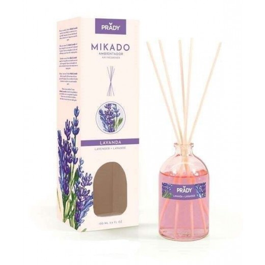 Prady Ambientador Mikado Lavanda - Frasco de Cristal 100ml y Varitas Difusoras