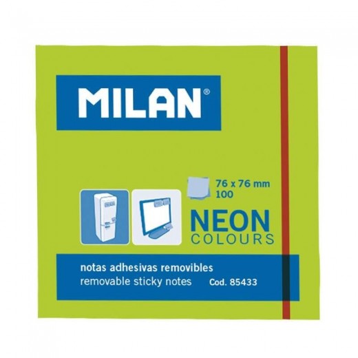 Milan Bloc de 100 Notas Adhesivas - Removibles - 76mm x 76mm - Color Verde Neon