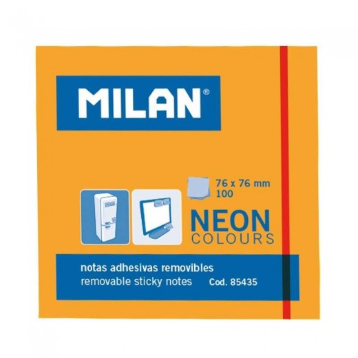 Milan Bloc de 100 Notas Adhesivas - Removibles - 76mm x 76mm - Color Naranja Neon