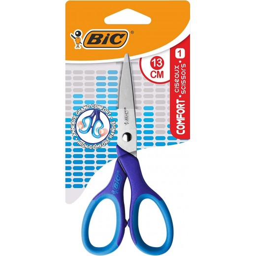 Bic Comfort Tijera Escolar de Acero Inoxidable 13cm - Mango Suave - Uso Diestro - Colores Surtidos Aleatorio